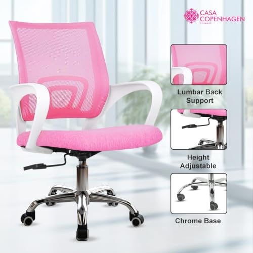 Image of Casa Copenhagen Mesh Mid Back Office /Study /Computer /Revolving /Desk Chair for Work from Home -Metal Base, Height Adjustable Seat - Pink & White Handle