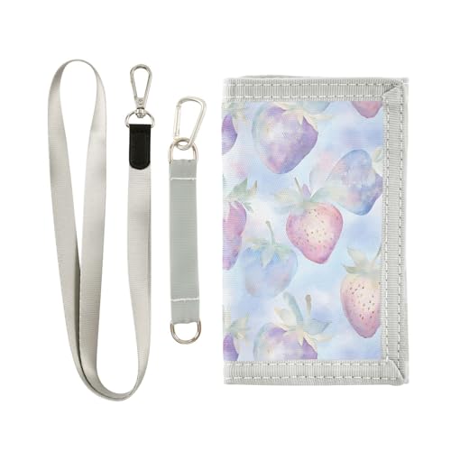 FOLIOSA Kids Wallet for Boys Girls Watercolor Strawberry Print Youth Wallet with Zipper Pocket Card Holders, Novelty Wallet 4.9×2.9 in