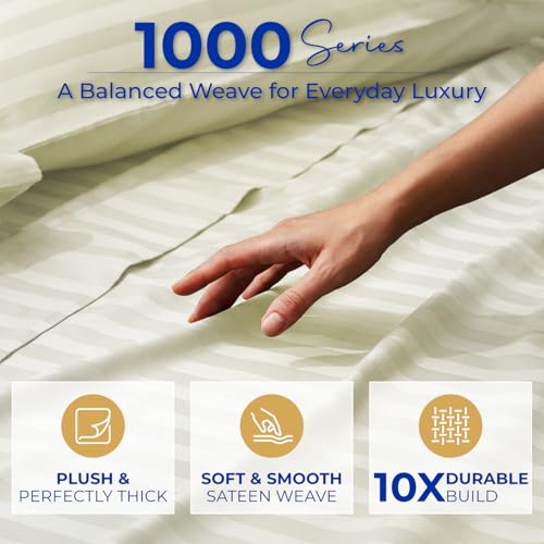 Image of THREAD SPREAD California King Bed Sheets, Luxury 1000 Series Paradise Collection 100% Egyptian Cotton Damask Striped Cal King Sheets Set (4 PC, Ivory Stripe), 16 inch Deep Pocket Hotel Sheet Set