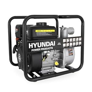 HYUNDAI Benzin Wasserpumpe GWP57643 – 5.0 PS, 4-Takt Motorpumpe, 30.000 l/h Förderleistung, 23 m Förderhöhe, mobile Gartenpumpe, Teichpumpe für Entwässerung & Bewässerung