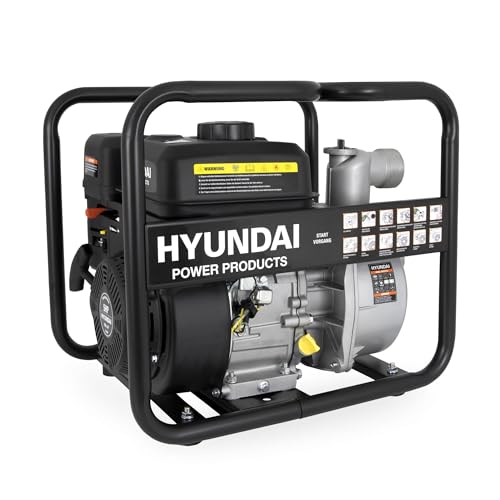 HYUNDAI Benzin Wasserpumpe GWP57643 – 5.0 PS, 4-Takt Motorpumpe, 30.000 l/h Förderleistung, 23 m Förderhöhe, mobile Gartenpumpe, Teichpumpe für Entwässerung & Bewässerung