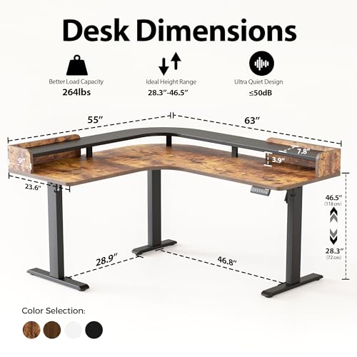 Image of Agilestic L Shaped Standing Desk, Adjustable Height Corner Gaming Desk with Shelf, Sit Stand Up Desk, 63 x 55 Inch Home Office Computer Table, Rustic Brown