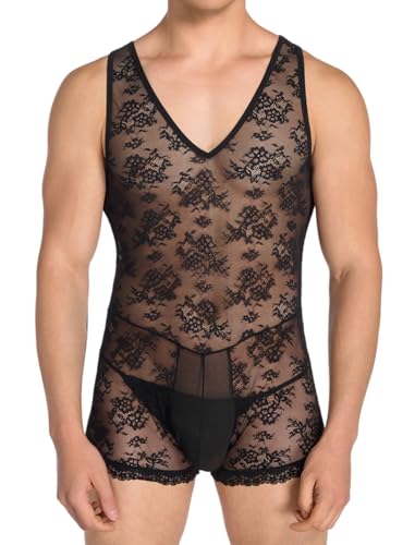 ABAFIP Men's Sheer Lingerie Bodysuit Floral Lace V-Neck See Through Mesh Crossdressing Shorts Romper Black Large