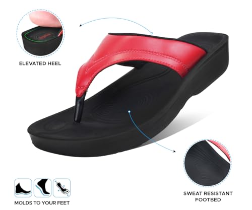 Image of AEROTHOTIC Comfy Arch Support Flip Flops for Women Open Toe Stylish Faux Leather Cushioned Strap with Non-Slip Sole & Comfortable Footbed Indoor and Outdoor Sandals
