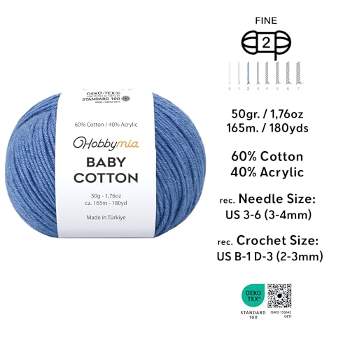 Image of Baby Cotton Blend Yarn - Soft Sport Weight Yarn for Crochet & Amigurumi - 50g /180yds - 60% Cotton 40% Acrylic - Ideal for Baby & Knitting Proj.(Denim Blue, 2 Balls)