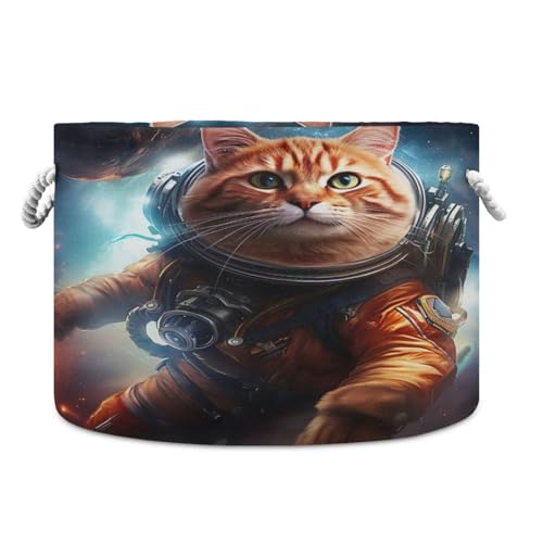 Round Space Astronaut Cat Funny Storage Basket Large Organizer Bin Laundry Hamper Toy Storage Basket with Handle for Nursery Clothes Toys 202b4761