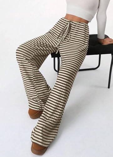 Image of Women's Casual Checkered Pants Drawstring Elastic Waist Comfy Loose Straight Wide Leg Plaid Pants with Pockets