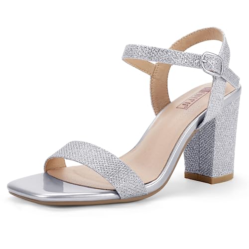 Idifu Women's Silver Heels Size 10 In3 Chunky Heels For Women Dressy Square Toe Heels Slingback Block Heels Sandals For Wedding Bridal Evening Homecoming Prom (Silver Glitter) #TOP24