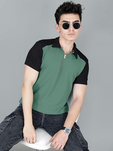 Image of London Hills Men's Loose Fit Half Sleeve Color Block Polo T-Shirt with Zip Collar | Premium Polyester Fabric | T Shirt for Man | Tshirt | Shirts Men | Tshirt for Man | Men T-Shirts