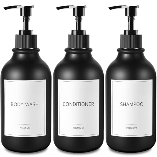 GMISUN Shampoo and Conditioner Bottles 500ml Plastic Black Soap Dispenser for Bathroom 3 Pcs Pump Bottle Dispenser Refillable Shower Bottles with Pump Shampoo Conditioner Body Wash Dispenser