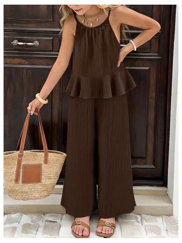 Image of SweatyRocks Girl's 2 Piece Outfits Ruffle Halter Sleeveless Top and Elastic High Waisted Pants Set