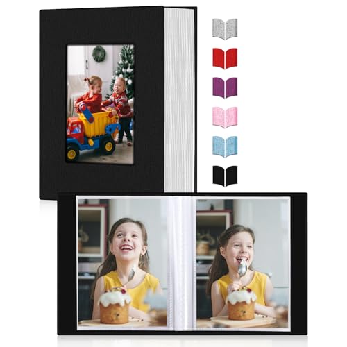 Image of Small Photo Album 4x6,Linen Cover Slide-in Mini Photo Album Book Can Holds 100 4x6 Photos with 50 Black Sheets for Baby Family Pictures Artwork or Postcards Storage (Black)
