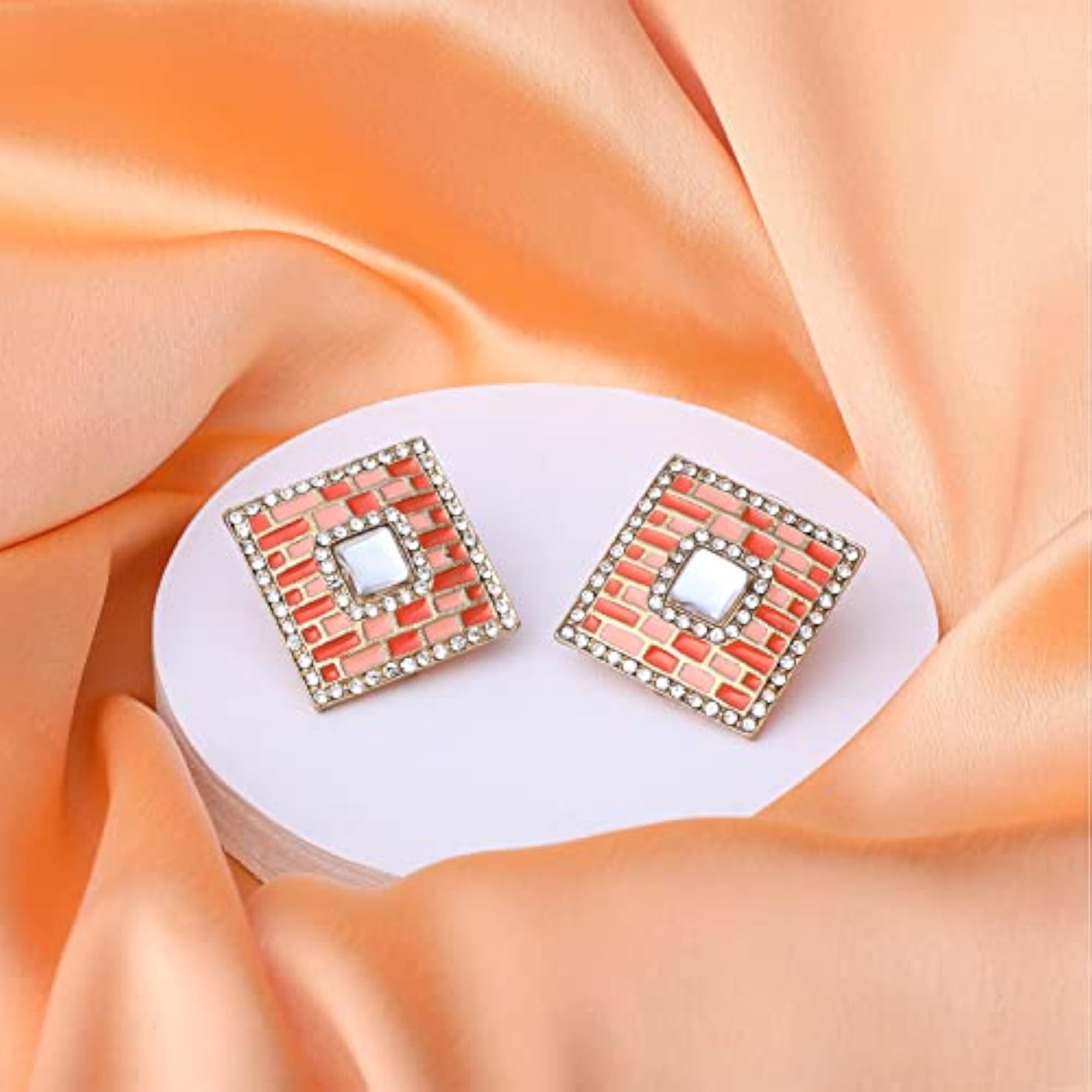 Crystal Dangler Earrings with Orange and Pink Enamel