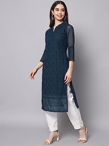 Image of Ekasya Women's Georgette Embroidered Work Kurta with Notch Neck 3 /4 Sleeves Straight Cut Calf Length | E1547