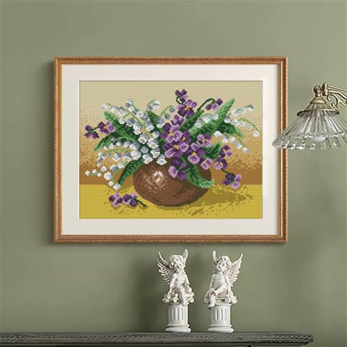 Image of JOYSEWING Flower Basket Stamped Cross Stitch for Adult Counted Cross Stitch Printed Embroidery Kits for Beginners DIY Easy Handmade kit Home Decor (Lily of the Valley vase(11CT) 18.11 x14.57 inch)