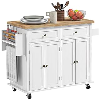 HOMCOM Kitchen Island on Wheels, Rolling Kitchen Storage Trolley with Rubber Wood Top, Drawers, Adjustable Shelves, Towel and Spice Rack for Dining Room, White