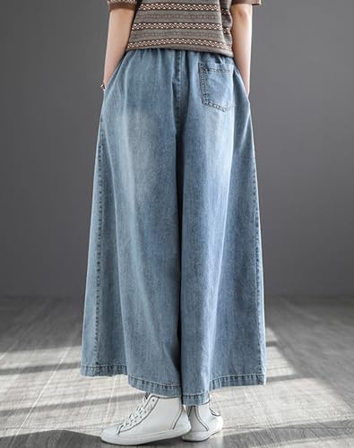 Womens Elastic Waist Cropped Denim Pants Loose Wide Leg Jeans2
