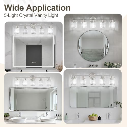 Image of Modern Brushed Nickel Crystal Bathroom Light Fixtures,5-Light | Bathroom Lighting Fixtures over Mirror,Vanity Lights for Mirror, Restroom(Ceramic E26 Socket,Bulbs Not Include)