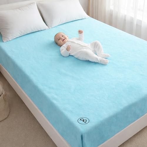Image of Btag Baby Waterproof, Super Soft Fast Drying Mattress Protector | Extra Absorbent, Anti-Itching Sheet for New Born,Toddler (Size 200x210 cm, Pack of 1, Sky Blue)