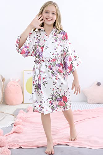 Morforu Girls Kids Daffodils Silky Satin Kimono Robe For Wedding Spa Party, Short (White, Tag 10) #TOP2
