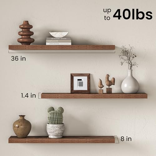 Image of Fun Memories 36Inch Floating Shelves for Wall, 8 Inch Deep Shelves for Bathroom|Bedroom|Kitchen, Large Wall Mounted Wood Hanging Shelf with Invisible Brackets for Home Storage Decor, Brown - 3 Pack