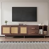 FammyLoft Rattan TV Stand Cabinet with 2 Drawers and Sliding Doors, Dark Wood TV Console Table Entertainment Center for Living Room Bedroom, Storage TV Unit for up to 80 Inch TV, 190 * 40 * 52cm