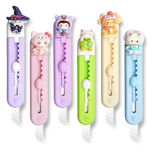 Image of 6 Pack Box Cutter Retractable, Sharp Utility Knife Retractable, Cute Box Cutters for Office, Home, Arts Crafts, Cartons, Cardboard Multi-Colors