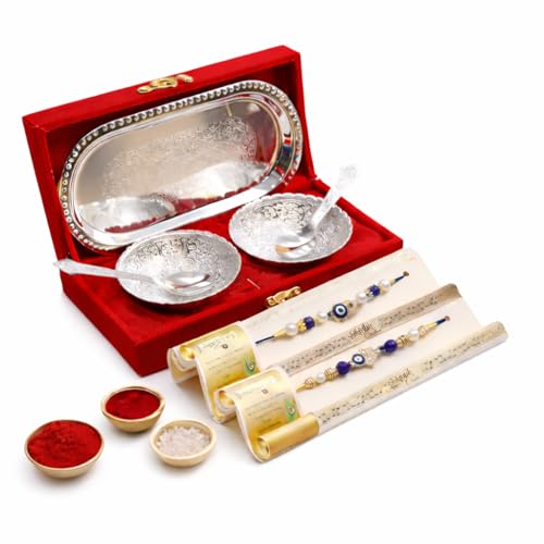 Image of Jaipur Ace Rakhi Gift Hamper for Bhaiya Bhabhi with Silver Plated Bowl Set, Pooja Thali, 2 Designer Rakhis, Roli Chawal, Raksha Bandhan Gift Set for Brother Bhabhi, Premium Rakhi Combo with Red Velvet Box