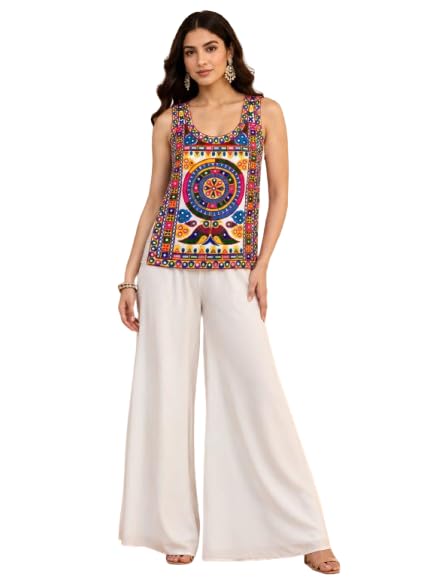 Women's Embroidered Sleeveless Cotton Top | Round Neck Casual Ethnic Tank Top | Multicolor Floral & Mandala Print Summer | Lightweight Tunic-image-29