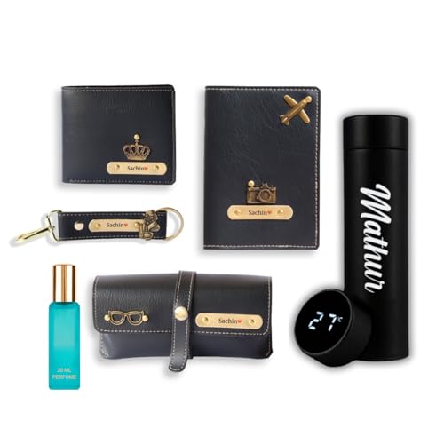 Image of Personalized Gift Set for Men with Custom Name - Wallet, Passport Cover, Keychain, Sunglass Case, Perfume & Bottle | Premium Birthday Gifts or Husband, Boyfriend (Gift Hamper)