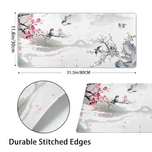 Image of Cherry Blossom Sakura Gaming Mouse Pad 31.5x11.8inch with Stitched Edges Extended Waterproof Desk Pads Non-Slip Rubber Base Large Keyboard Mat Computer Gaming Mousepad for Work /Office /Home (Ten)
