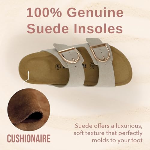 CUSHIONAIRE Legacy Cork Footbed Sandals for Women – Leather Double Strap Slides with Adjustable Buckles + Memory Foam3
