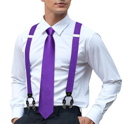 Image of Hi-Tie Men's Suspenders and Tie Set Silk Adjustable Elastic Y Braces with Strong 6 Clips Pocket Square Set