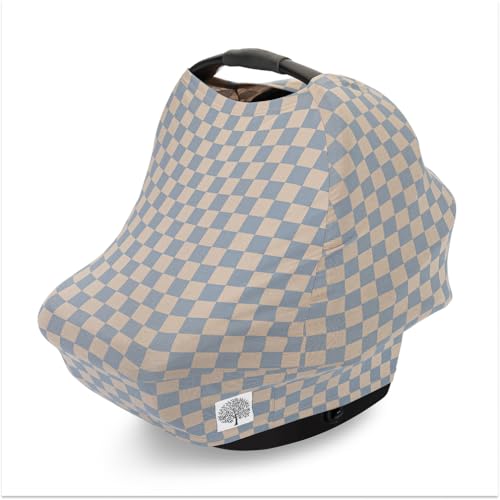 Image of Parker Baby 4 in 1 Car Seat Cover for Girls and Boys - Stretchy Carseat Canopy, Nursing Cover, Grocery Cart Cover, High Chair Cover - "Stormy Blue Checker"