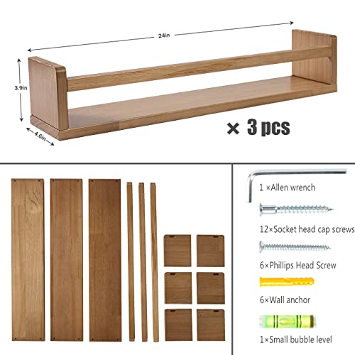 Mbyd 24 Inch Nursery Book Shelves Set Of 3 Same Dimensions, Handmade Solid Wooden Light Walnut Floating Bookshelf, Wall Shelf To Organize Your Nursery Home, Kitchen, Bathroom #TOP2