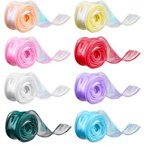 8 Rollos Cinta de Organza 4cm x 9m en 8 Colores Transparente Brillante para Regalos Bodas Manualidades Decoración Ramo de Flores Lazos DIY Artesanías Fiestas Navidad
