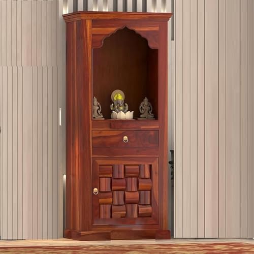 Image of Solid Sheesham Wood Temple for Home & Office /Mandir /God Stand /Pooja Stand /Home Mandap /Mandapam with Cabinet Doors & Multiple Storage /Shelf with Drawers (Honey TmN, 23x15x57 inch)