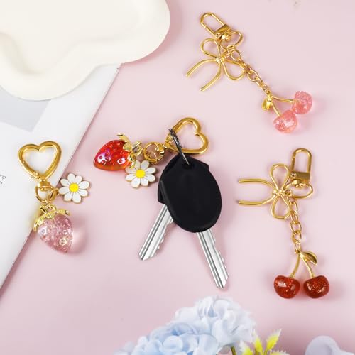 Image of Bag Charms for Handbag Cherry Strawberry Y2K Bow Keychain Cute Purse Charms Accessories for Women Tote Bag Fruit Charm