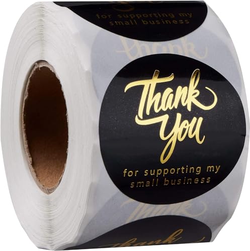 500 Thank You for Supporting My Small Business Stickers – 1.5 Inch Black and Gold Foil Round Labels – 4 Fonts – Waterproof Self-Adhesive Seals for Packaging, Envelopes, Boxes, Orders & Gift Bags