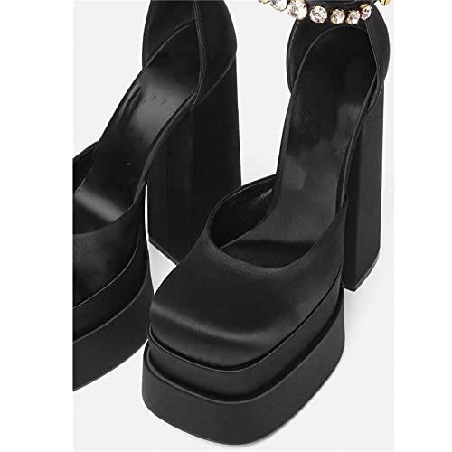Womens Hot High Heeled Pumps Fashion Platform Shoes Rhinestone Ankle Strap Silk Satin Square Toe Platform Chunky Shoes #TOP4
