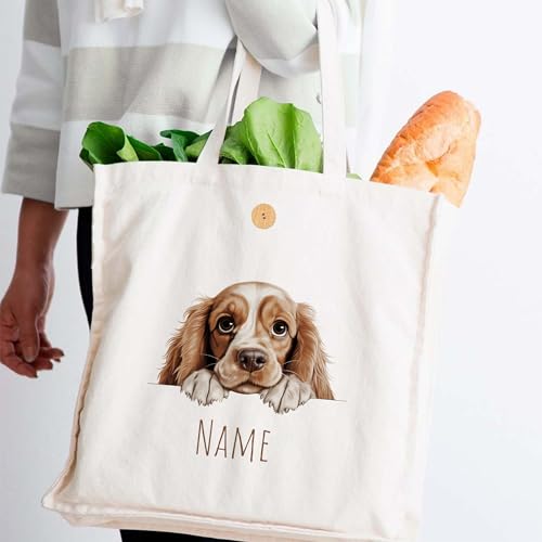 GRAZDesign Personalisierbare Hundemotiv Tragetasche aus Baumwolle mit Knopf und Namen, Ideal für Hunderassen-Liebhaber - Cocker Spaniel