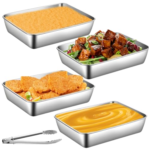 4 PCS Panier-Set aus Edelstahl, 25.5 x 20 x 5.5 cm 4X Schalen zum Panieren mit Panierzange Panierstraße Edelstahl Schnitzel Panierset Fleisch Fisch Metall Panierstraße Grillschale
