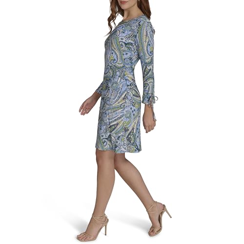 Image of Tommy Hilfiger Women's 3 /4 Tie Sleeve Round Neck Cotton Sheath Mini Dress