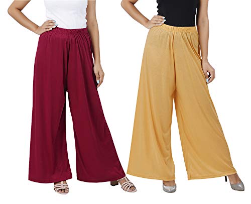 Image of Buy That Trendz M to 4XL Cotton Viscose Loose Fit Flared Wide Leg Palazzo Pants for Women Maroon Dark Skin Combo Pack of 2
