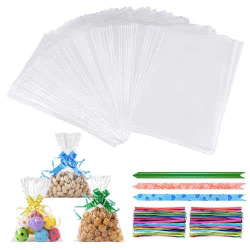 Adiwo 100 Stück Cellophantüten 10x15cm Durchsichtige Zellophantüten Süßigkeiten Geschenkbeutel mit Bunte Bindeband und Zugblume Süßigkeiten Tüten Geeignet Klarsichttüten für Mitgebsel Geschenke