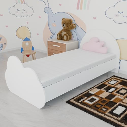 Image of VIKI Cloud Design Kids Single Bed for Bedroom, Children Bed Cot for Boys & Girls, Strong & Durable Bed Frame, Safe & Comfortable Design (187 L x 96 W x 80 H cm), Frosty White, 1 Year Warranty