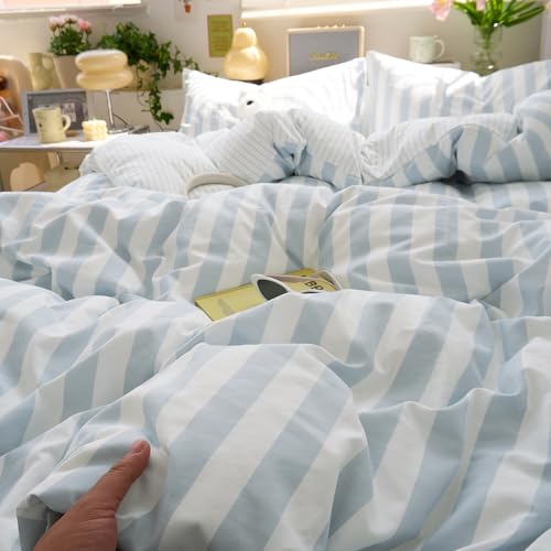 Image of EAVD Retro Blue Striped Duvet Cover Twin Soft Washed Microfiber Reversible Vertical Striped Percale Bedding Set with 2 Pillowcases Farmhouse Geometric Pattern Duvet Cover with Zipper Closure