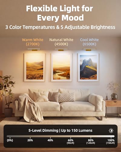 Image of EZVALO Picture Light for Wall, 4800mAh Rechargeable Wireless Remote, 13'' Dimmable Magnetic LED Art Display Light with 3 Color Temperatures, for Gallery, Living Room, Bedroom, Hallway (Gold-2Pack)