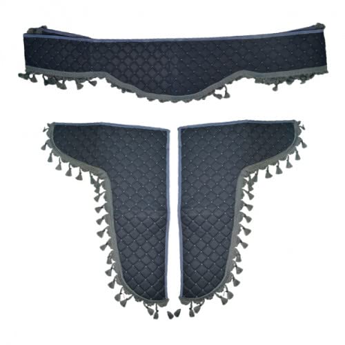 24/7 AUTO Cortina decorativa de piel ecológica gris para camión, autobús, camión, juego de cortinas de 3 piezas, borlas grises, costuras acolchadas