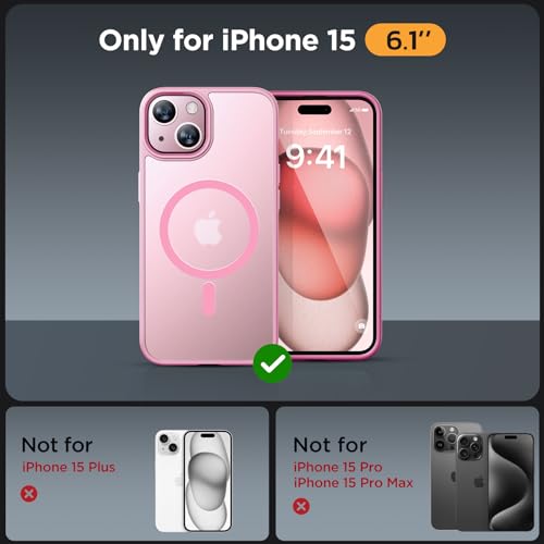 Image of Miracase Magnetic for iPhone 15 Case (Compatible with MagSafe)(with 2X Screen Protectors) Military-Grade Protection, Anti-Fingerprint Translucent Matte Phone Cover for iPhone 15 6.1 inch, Mes Pink